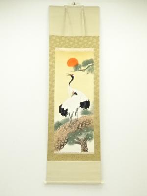 秀峰筆　松上鶴　肉筆絹本掛軸（共箱）